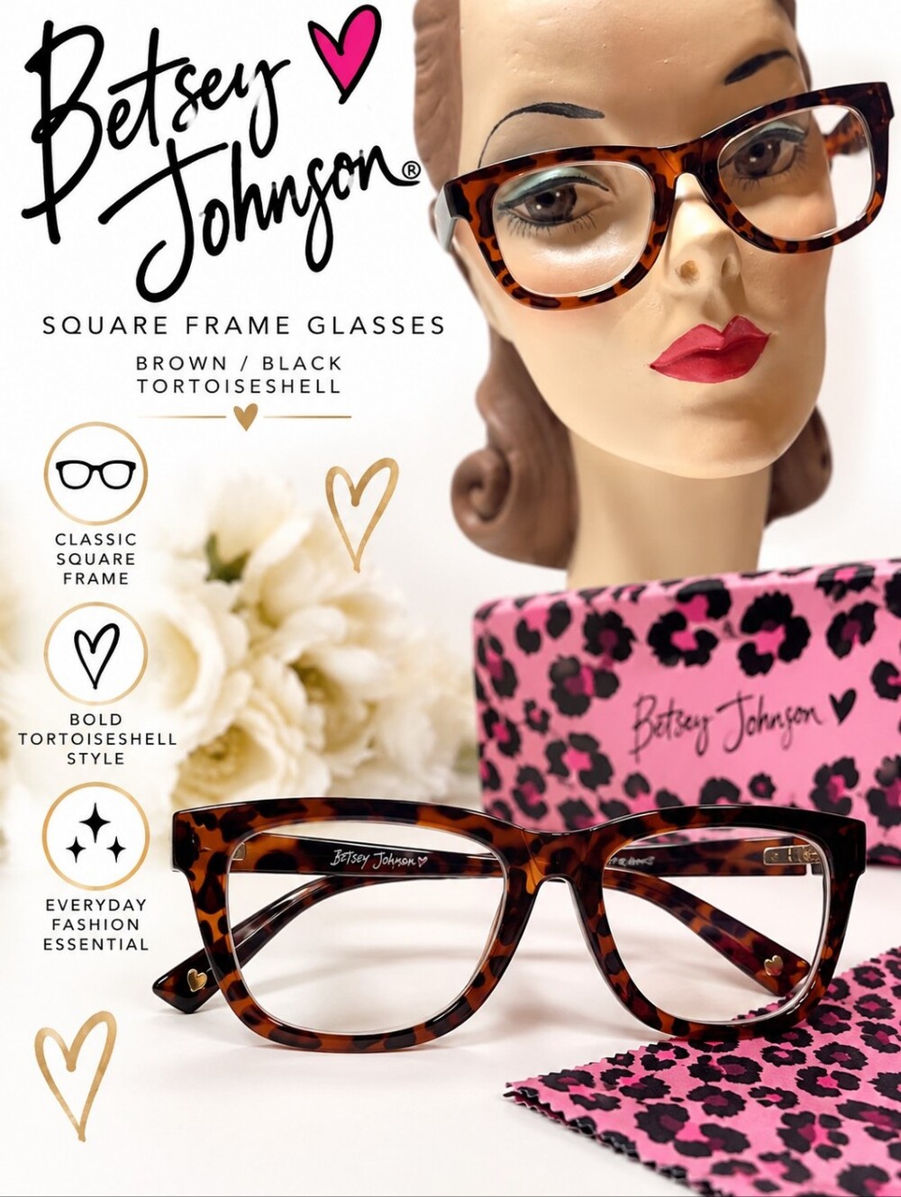 Betsey Johnson Tortoiseshell Square Readers - Brown/Black +2 Magnification